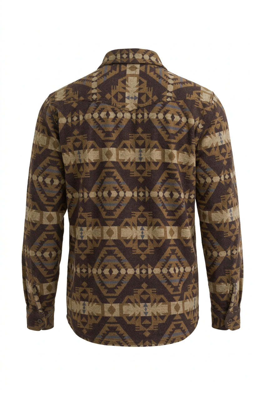 Back of men's ATG x Wrangler blanket shirt jacket in Chocolate Torte Checotah showing a geometric pattern, Western-inspired yoke, and curved hem.