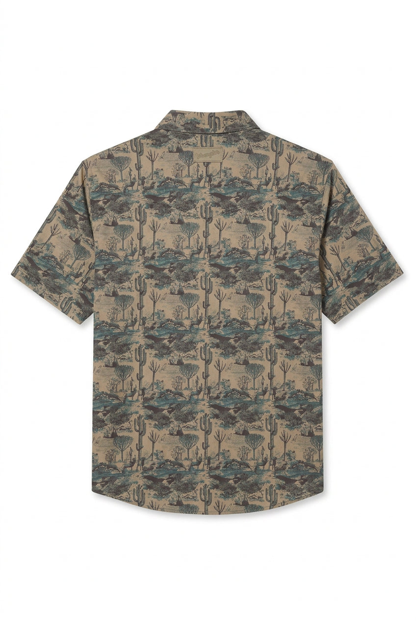 Back of men's ATG x Wrangler Kelp Landscape performance polo showing the allover cactus-and-desert print and short sleeves.