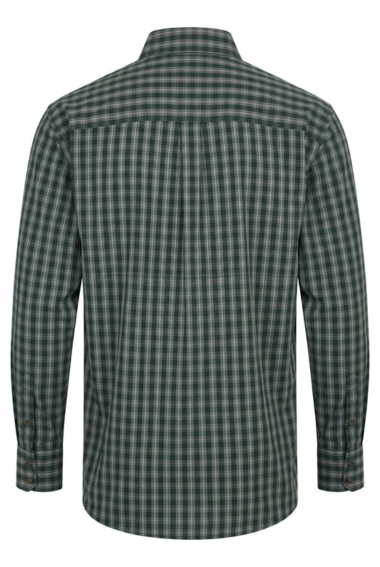 Back view of Wrangler George Strait men’s green plaid long sleeve stretch shirt with a straight back yoke and button cuffs