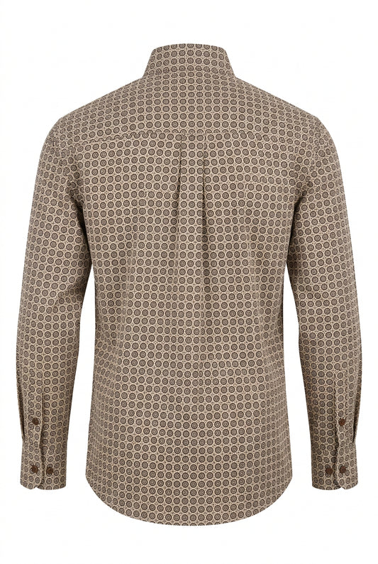 Back view of Wrangler George Strait men’s Burgundy/Tan long sleeve stretch shirt with an allover circular geometric print