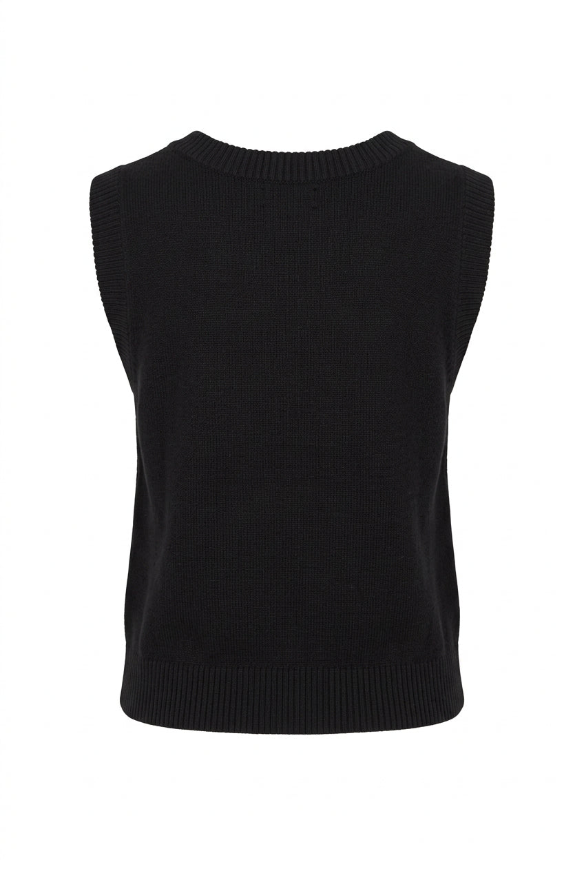 Back of women's black Wrangler Retro Punchy sweater vest showing a plain knit back, sleeveless cut, and ribbed hem.⠋