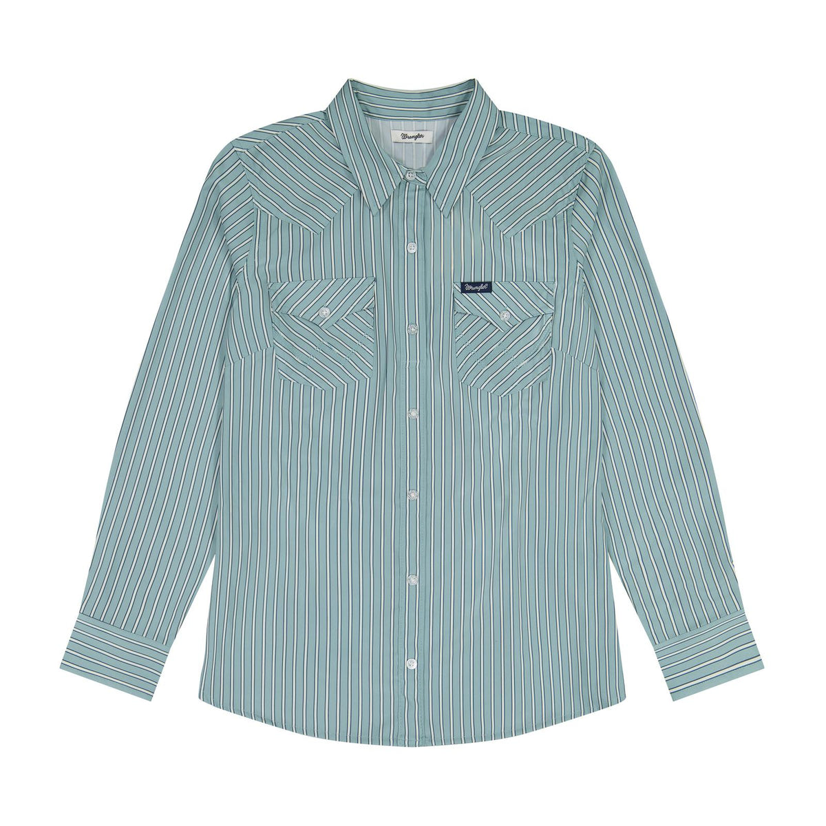 Wrangler women’s Aria green striped long sleeve performance shirt with Western yoke, spread collar and two flap chest pockets.