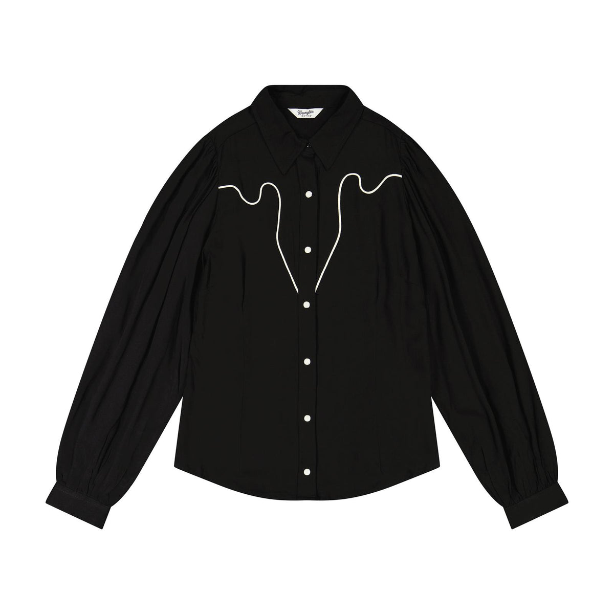 Wrangler Retro Punchy black Western blouse with contrasting light-colored piping, gathered long sleeves and a pointed collar.