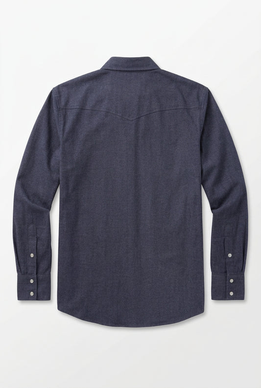 Back view of Wrangler X Cody Johnson men’s Navy long sleeve shirt with a pointed Western yoke and three-snap cuffs⠋