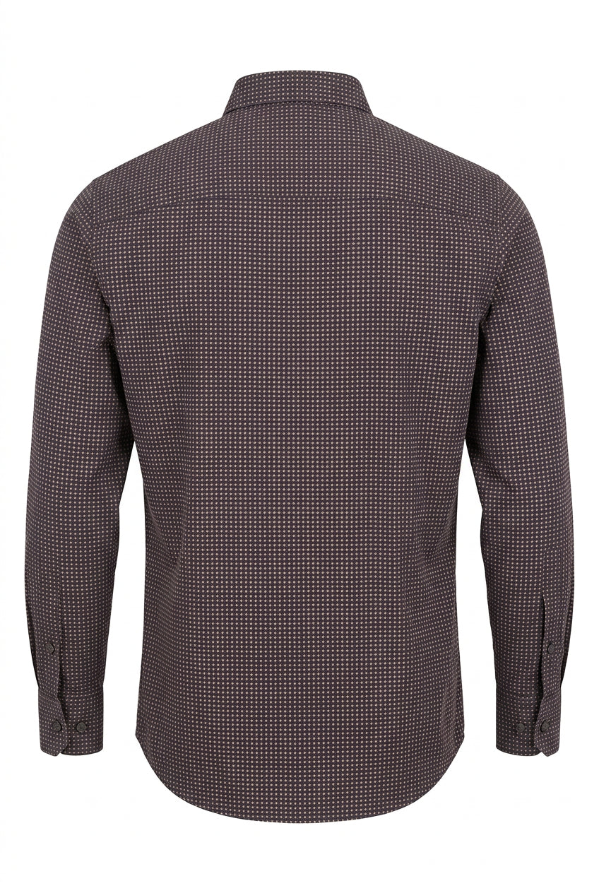 Men’s Wrangler x Cody Johnson navy and brown geometric-print long-sleeve shirt with a straight back yoke, back view