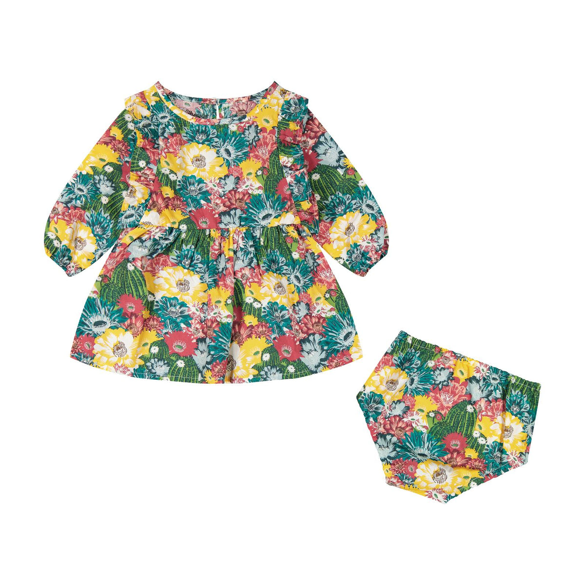 Wrangler baby girls green dress with colorful floral and cactus print, long sleeves, ruffle details, and matching diaper cover.
