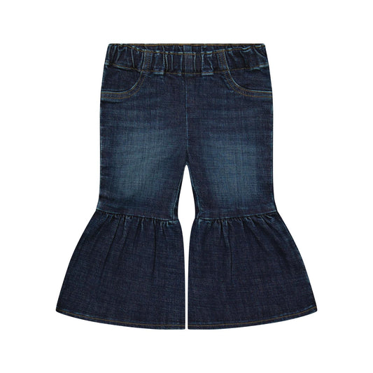 Front view of Wrangler baby girls Izabella dark-wash pull-up flare jeans with an elastic waistband, front pockets, and gathered flare panels.⠋