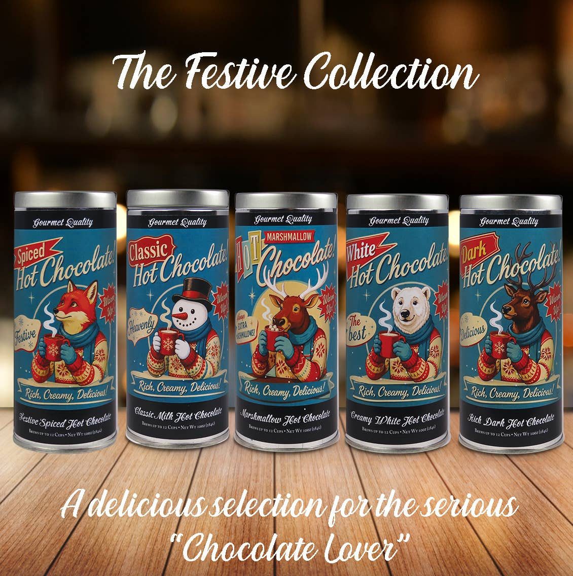 Festive Collection of five hot chocolate tins featuring spiced, classic, marshmallow, white, and dark chocolate flavors