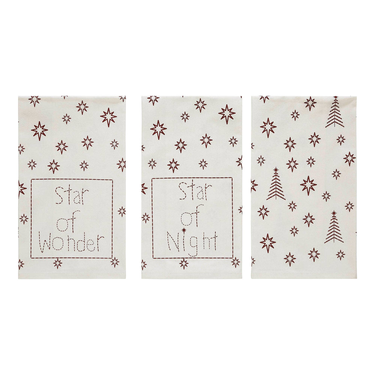 Star of Wonder, Star of Night, and Stars and Trees Christmas tea towel styles shown side by side.
