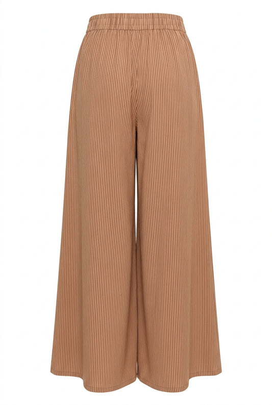 Back view of wide-leg palazzo pants with burgundy pinstripes on a tan background and an elastic waistband.