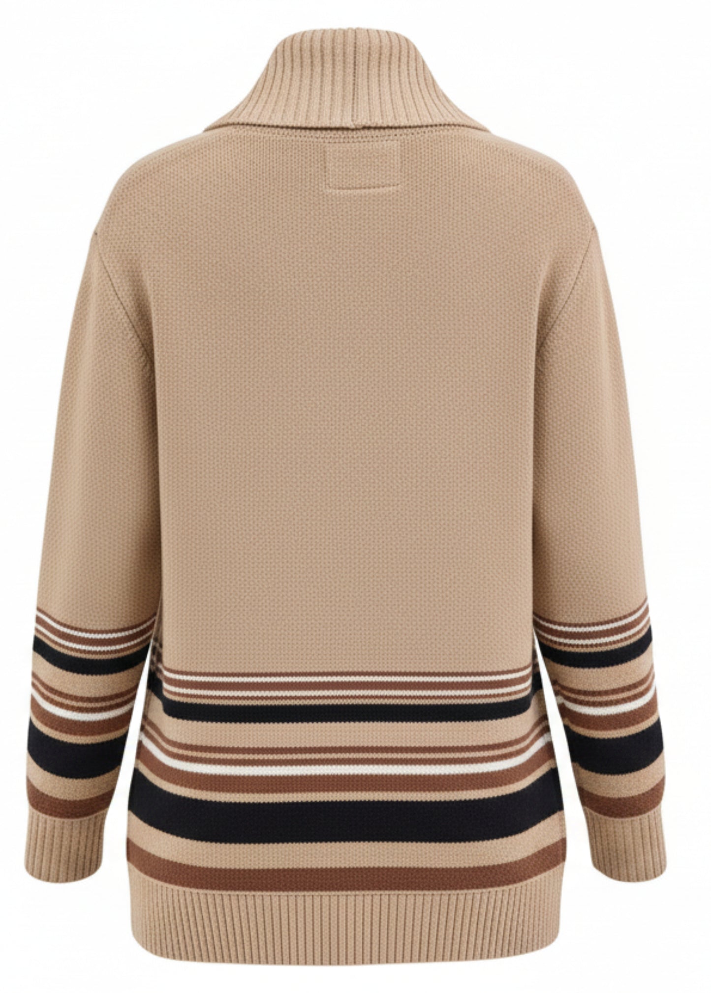 Woman wearing a beige sweater with striped sleeves on a white background