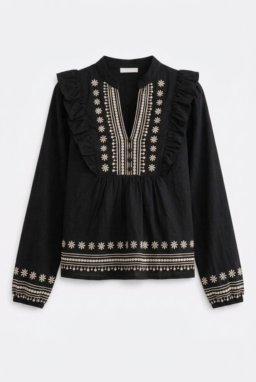 Black Blouse with White Floral Embroidery