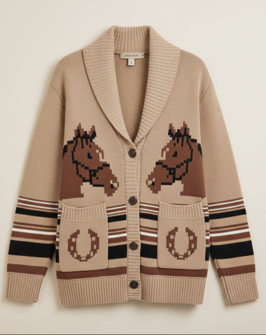 Woman wearing a beige cardigan with horse designs on a white background