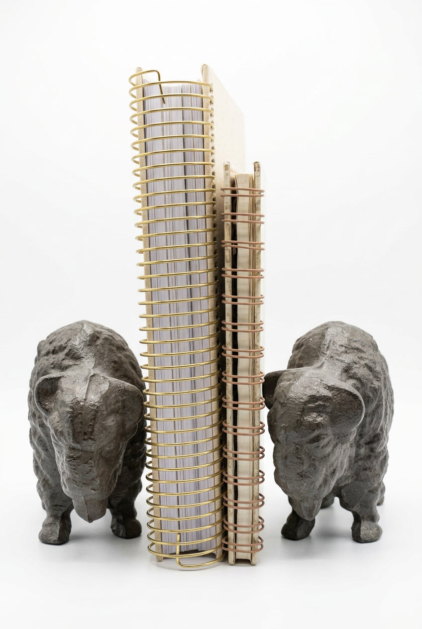 Cast iron buffalo door stops styled as bookends on either side of upright spiral notebooks