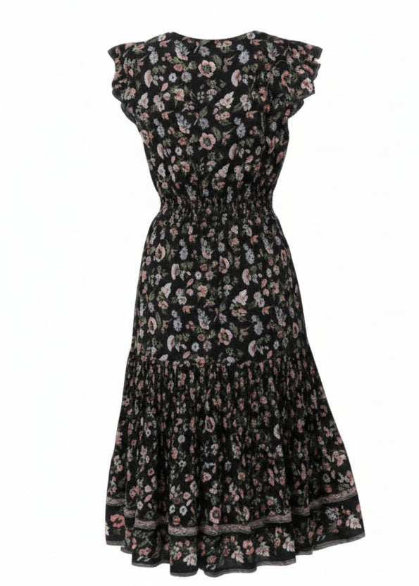 Back view of V Neck Cap Sleeve Tiered Dress