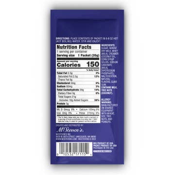 Back of McSteven’s Belgian White Hot Chocolate packet showing preparation directions, nutrition facts, ingredients, and barcode
