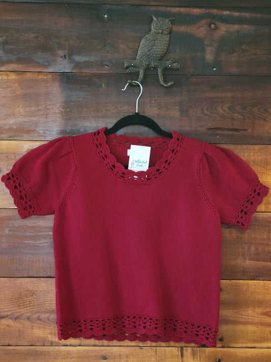 Short Sleeve Scallop Trim Puff Sleeve Sweater