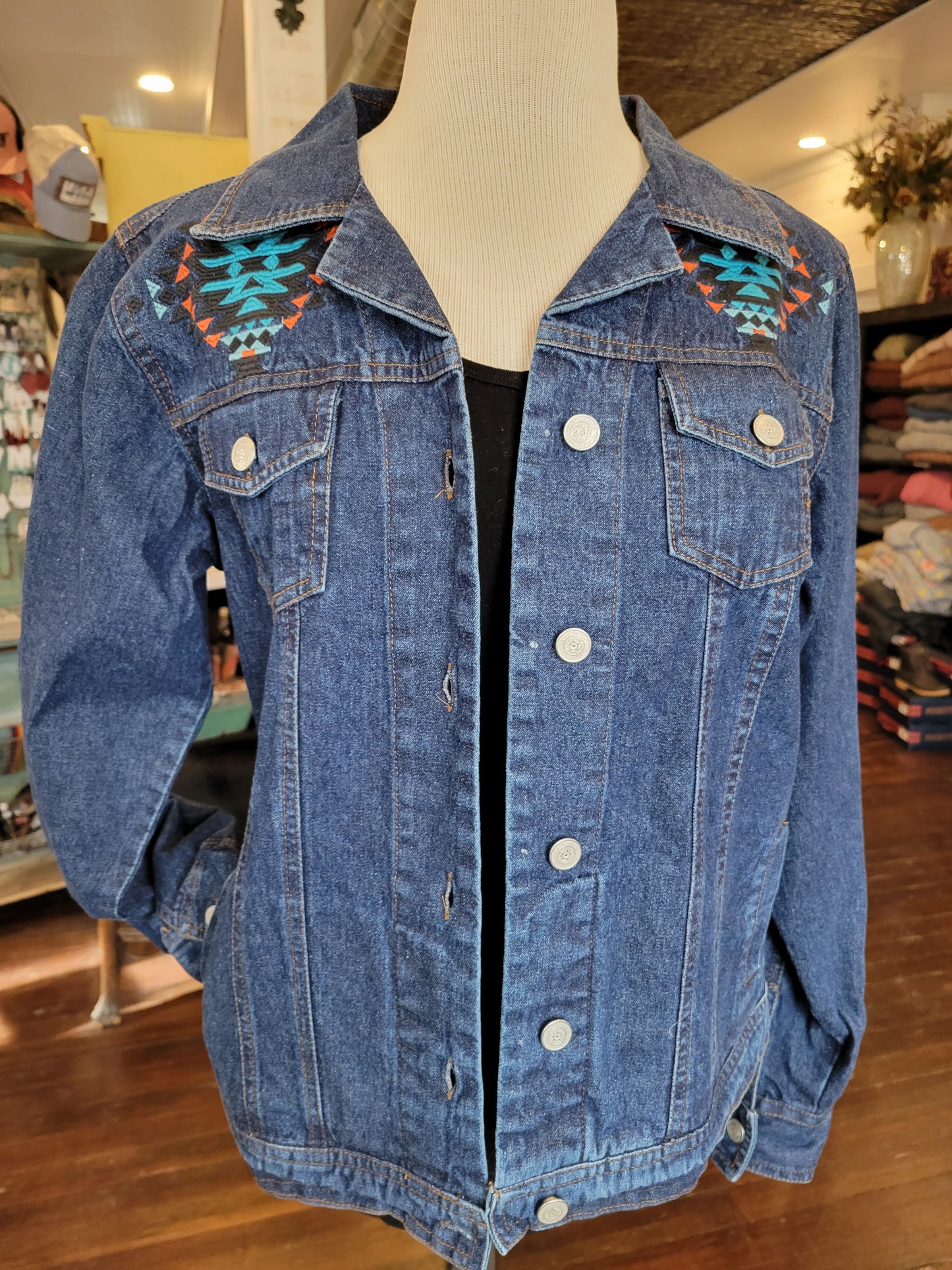 Embroidered Aztec Dark Denim Jacket - White Owl Creek Boutique