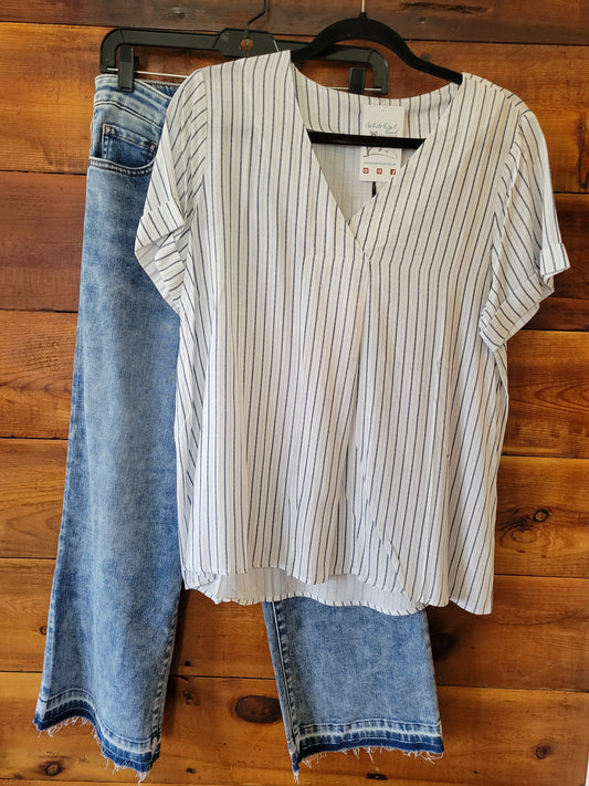 White Navy Ticking Slub Top - White Owl Creek Boutique