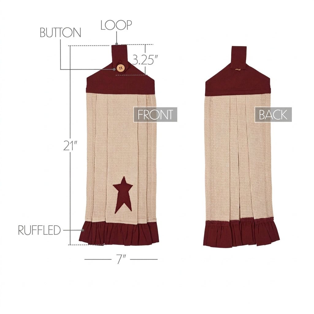 Connell button loop kitchen towel size guide showing front and back views and 21 by 7-inch dimensions.