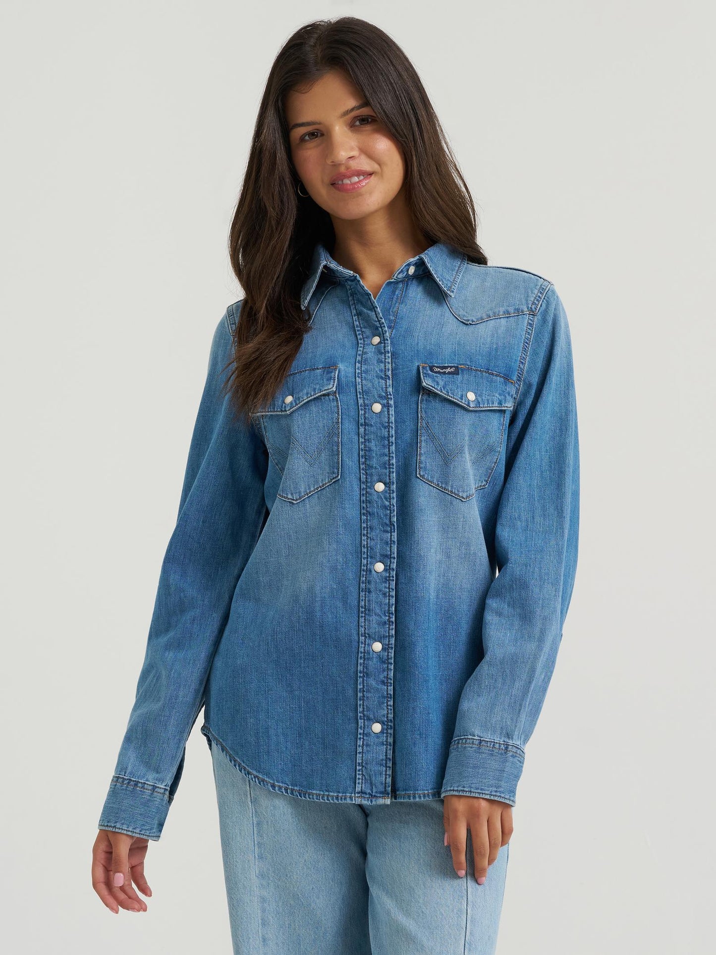 Wrangler Light Denim Snap Shirt - White Owl Creek Boutique