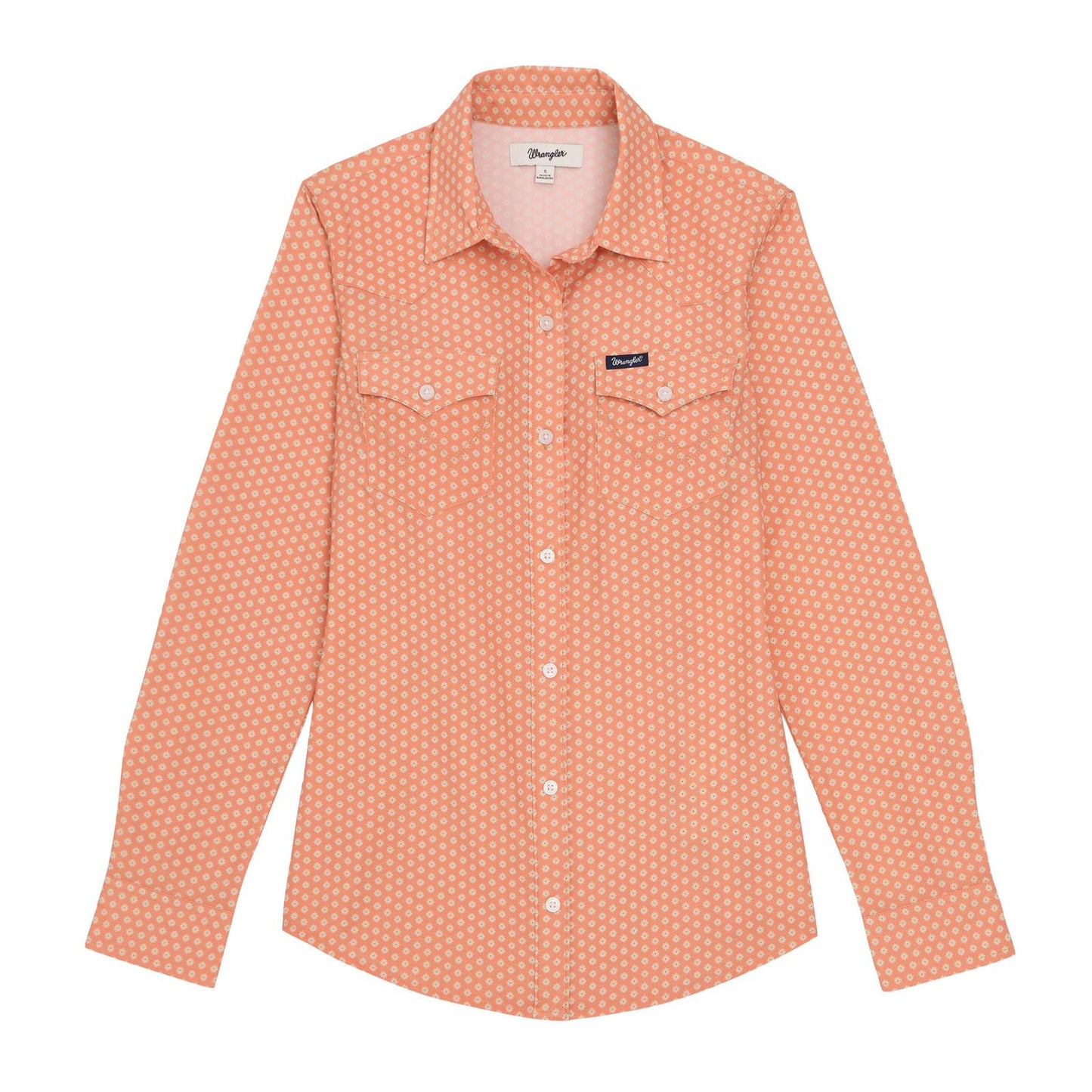 Peach-colored checkered shirt with a brand logo on a white background