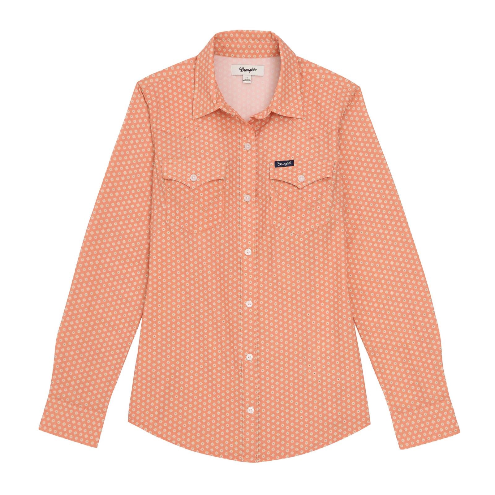 Peach-colored checkered shirt with a brand logo on a white background