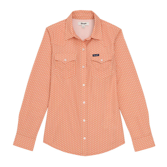 Peach-colored checkered shirt with a brand logo on a white background