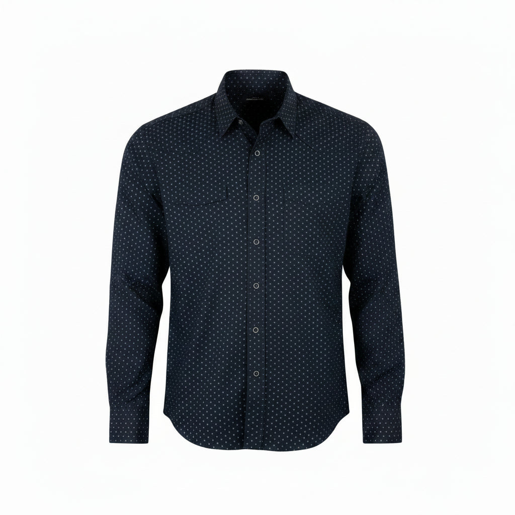  dark black long-sleeve western-style button-down shirt with a small white micro-dot pattern, 