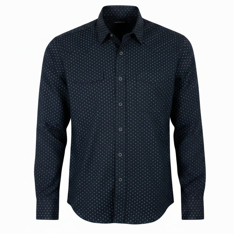  dark black long-sleeve western-style button-down shirt with a small white micro-dot pattern, 