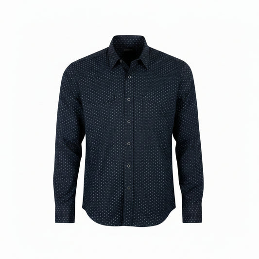  dark black long-sleeve western-style button-down shirt with a small white micro-dot pattern, 