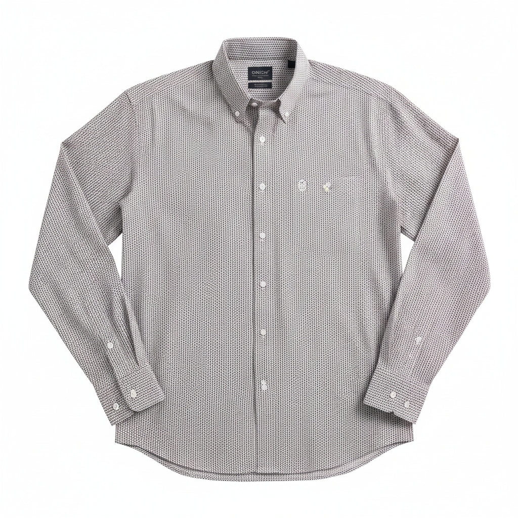  light gray and white micro-patterned western button-down shirt 