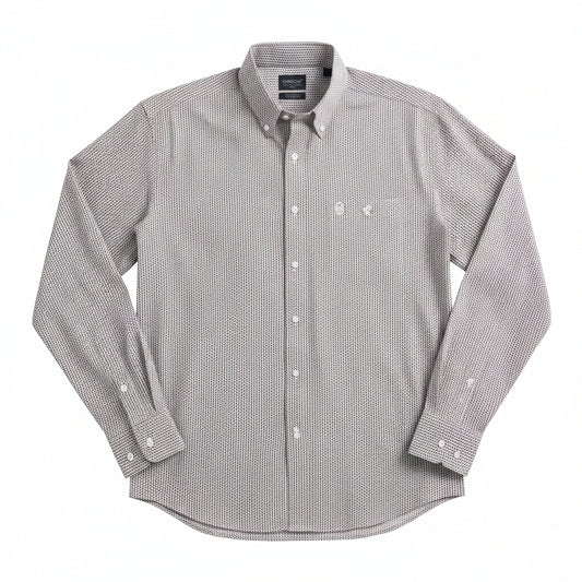  light gray and white micro-patterned western button-down shirt 