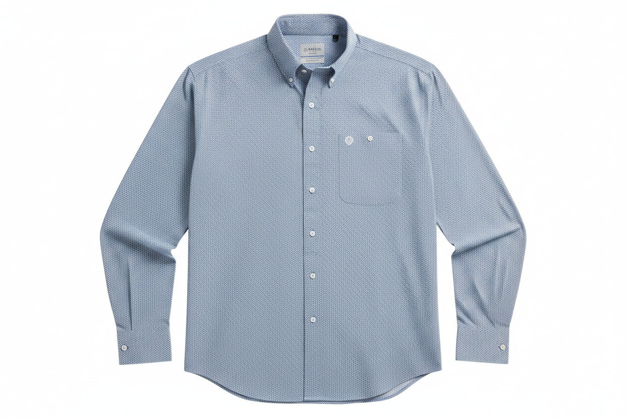 light blue long-sleeve western button-down shirt with a subtle micro-pattern,  against a solid white background.