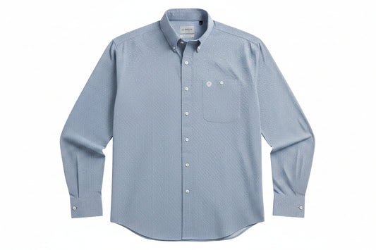light blue long-sleeve western button-down shirt with a subtle micro-pattern,  against a solid white background.