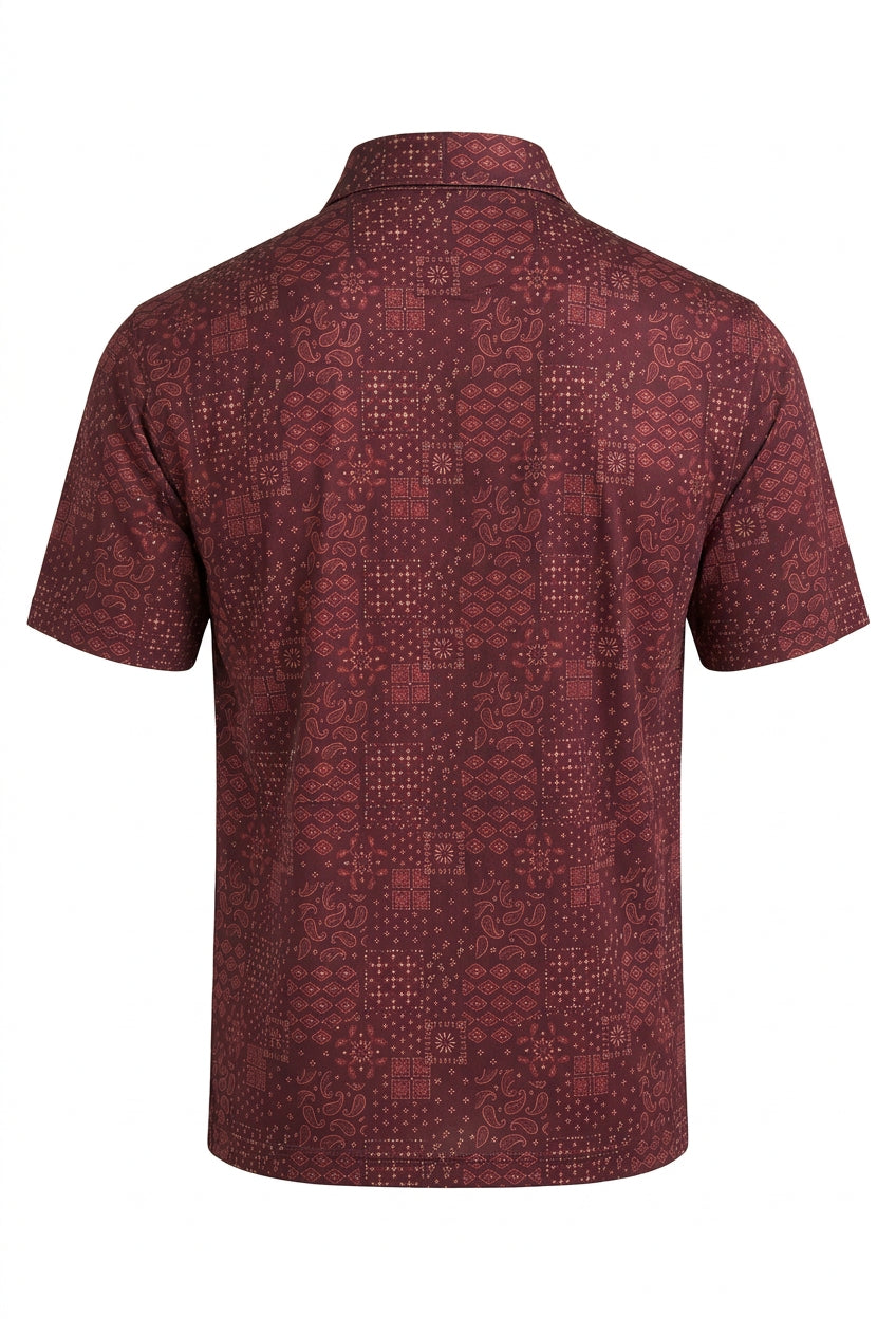 Back of men's ATG x Wrangler performance polo showing the allover Fig Patchwork Bandana print and short sleeves.