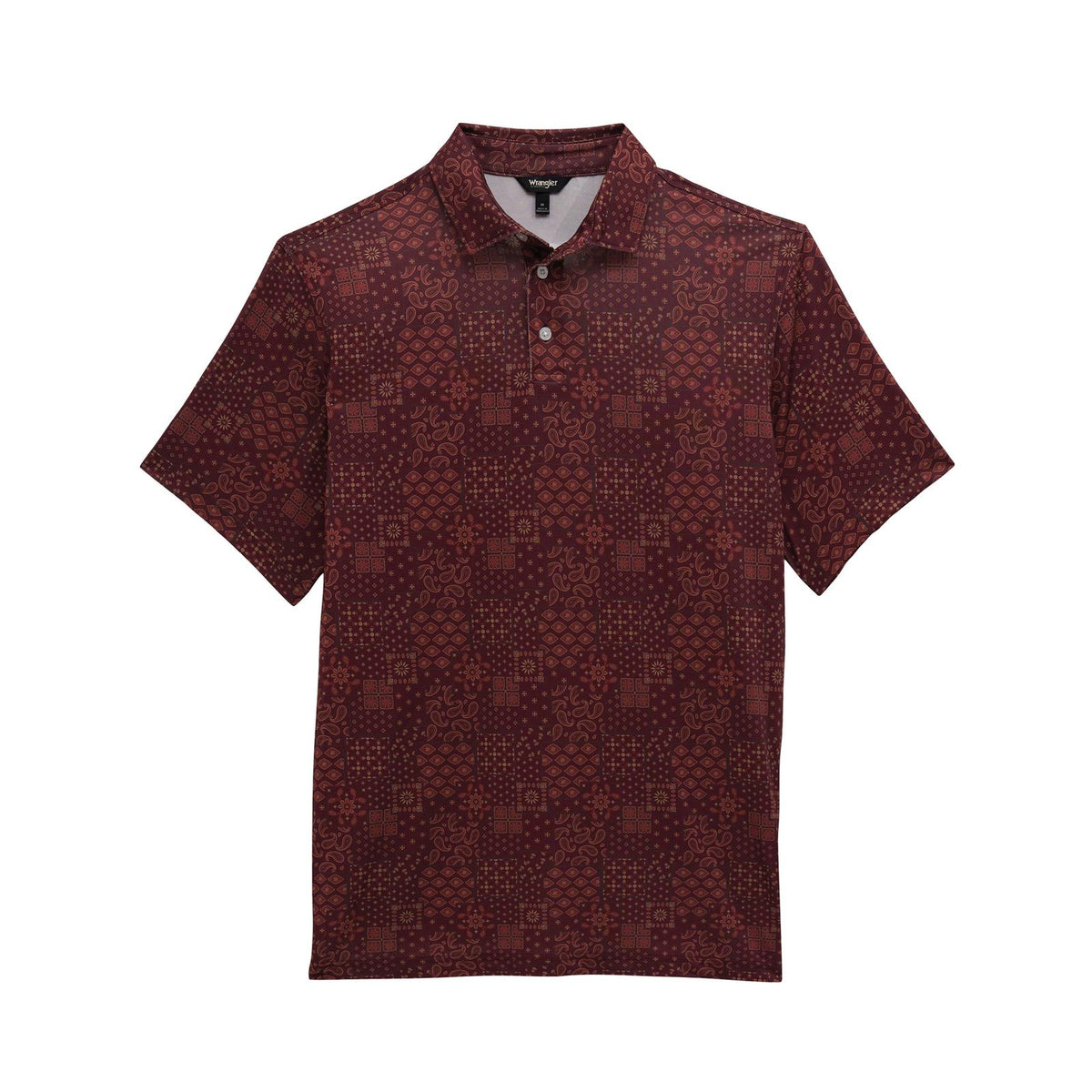 Front of men's ATG x Wrangler performance polo in Fig Patchwork Bandana with short sleeves, a collar, and button placket.