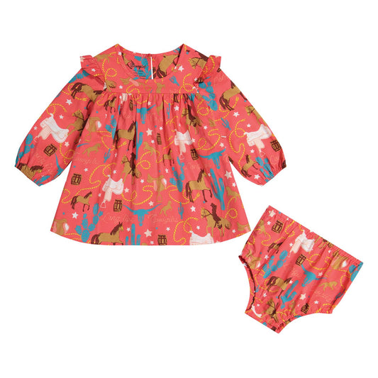 Children's outfit with dress and bloomers featuring horse pattern on a white background