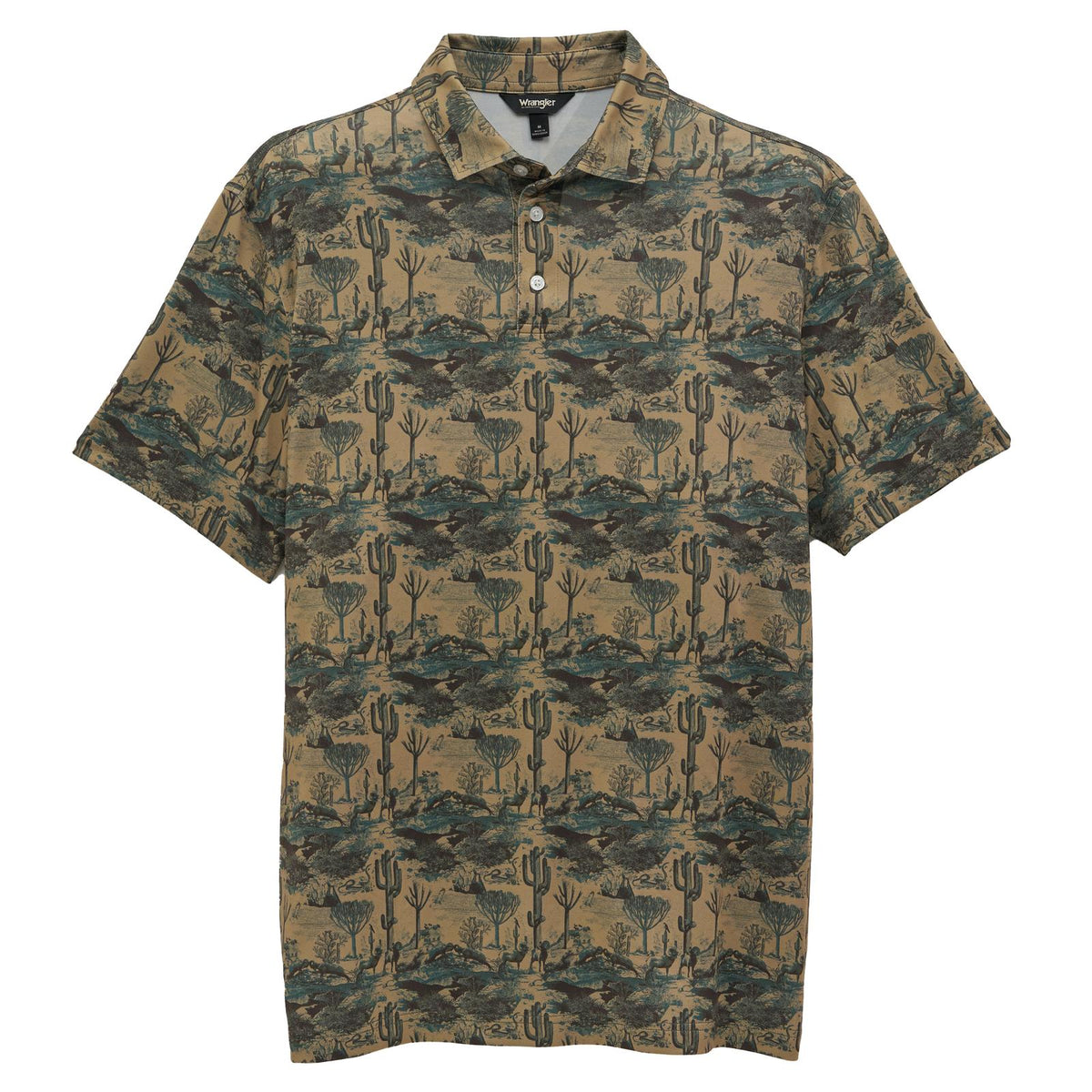 Front of men's ATG x Wrangler Kelp Landscape performance polo with an allover cactus-and-desert print, short sleeves, collar, and button placket.