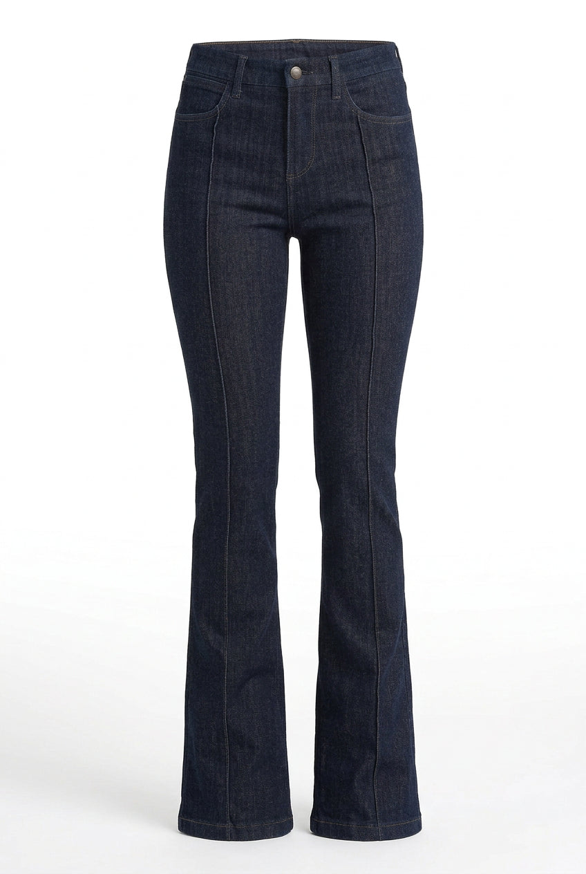 Full-length front view of Wrangler Bespoke Camryn dark blue jeans showing vertical pintucks and bootcut legs.