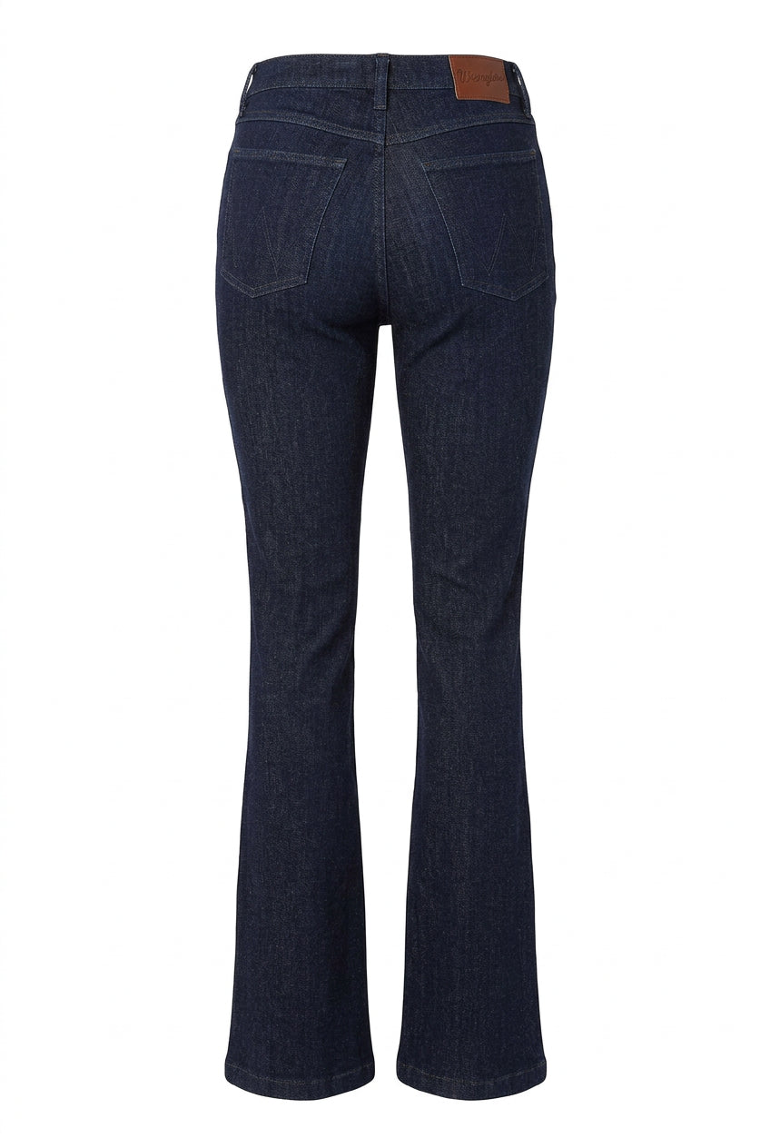 Full-length back view of Wrangler Bespoke Camryn dark blue bootcut jeans on a white background.