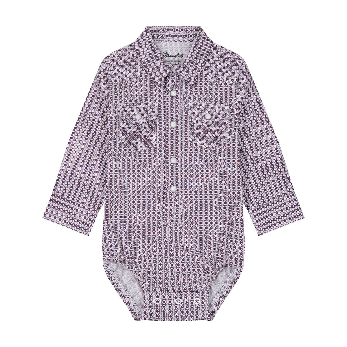 Wrangler baby boy long sleeve Western bodysuit in purple and grey geometric print with a pointed collar, snap front, and flap chest pockets