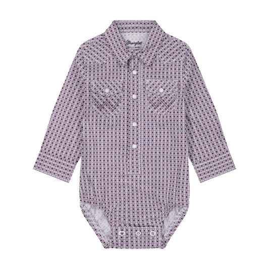 Wrangler baby boy long sleeve Western bodysuit in purple and grey geometric print with a pointed collar, snap front, and flap chest pockets