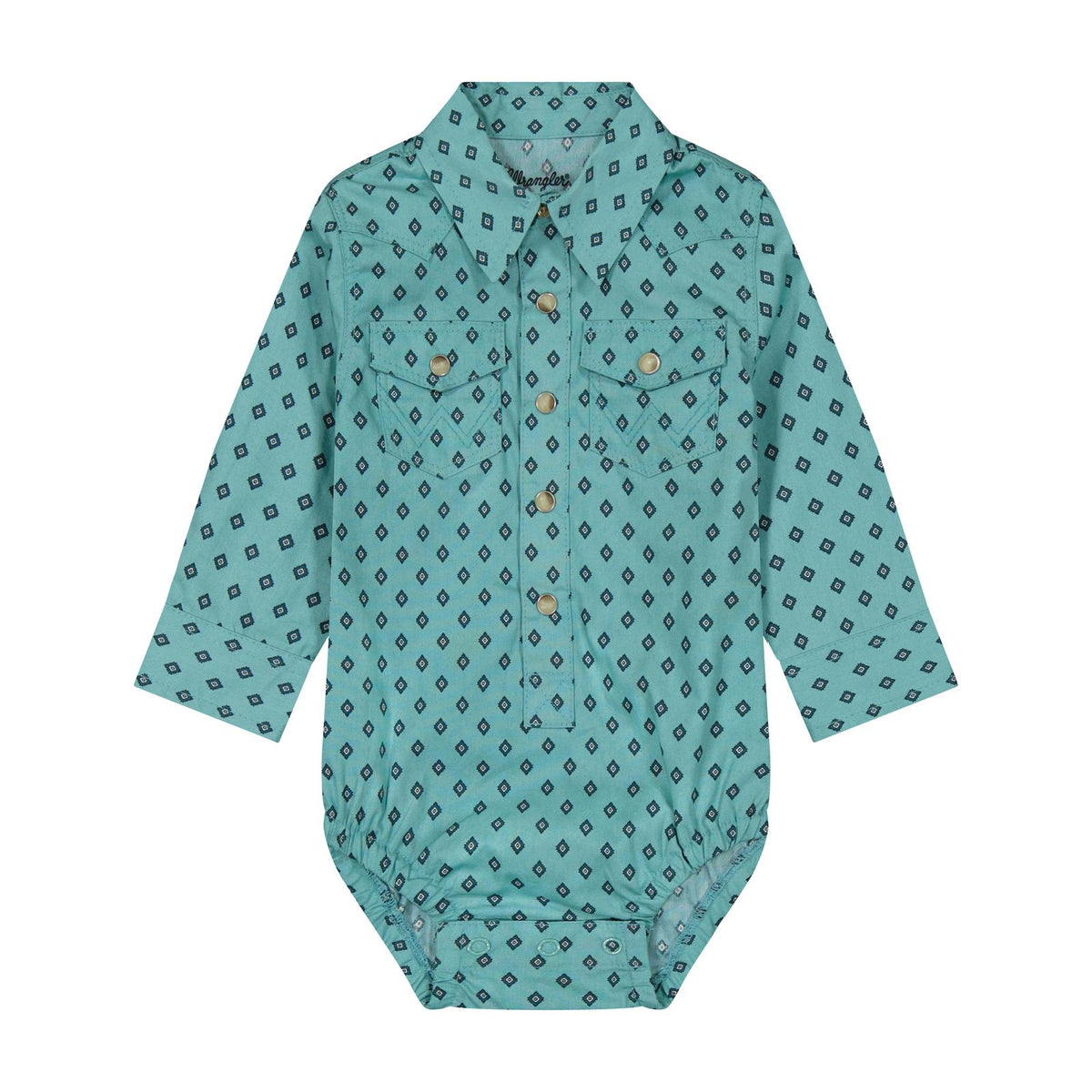 Wrangler baby boy long sleeve Western bodysuit in turquoise with a dark geometric print, pointed collar, snap front, and flap