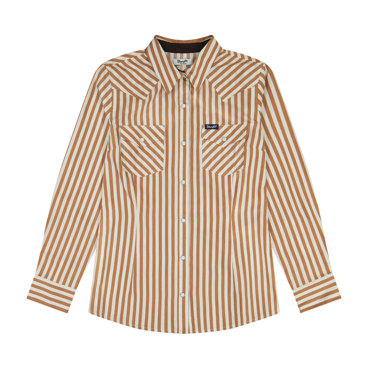 Wrangler women’s brown and cream striped long sleeve snap shirt with Western yoke and two flap chest pockets.