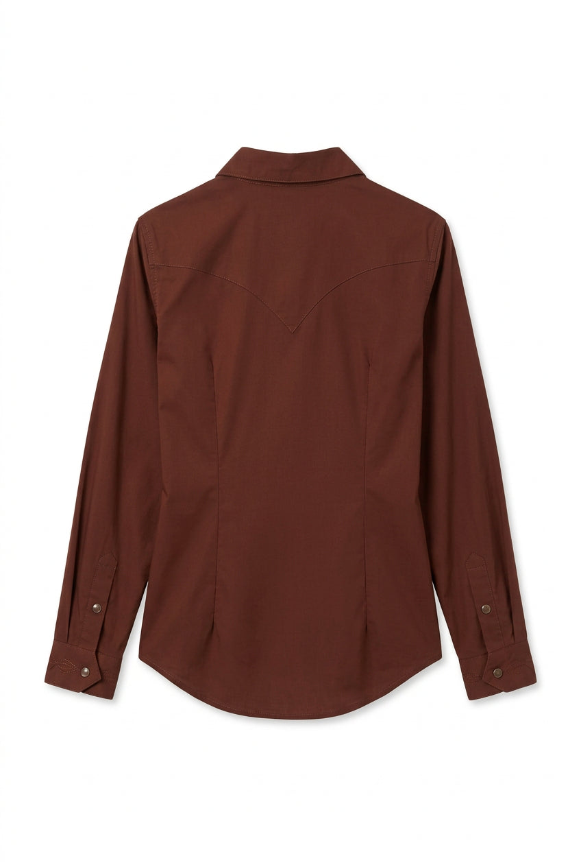  Back view of women's brown Wrangler Retro Western shirt showing the Western yoke, long sleeves, snap cuffs, and curved hem.
