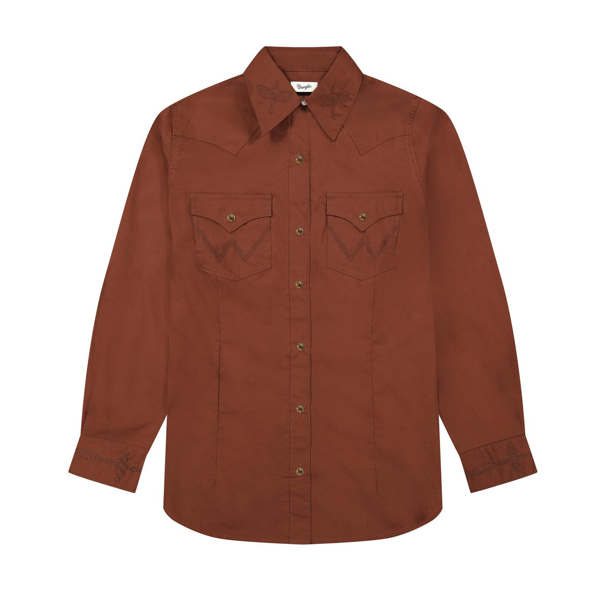 Front view of women's brown Wrangler Retro Western shirt with a pointed statement collar, snap front, and two flap chest pockets.