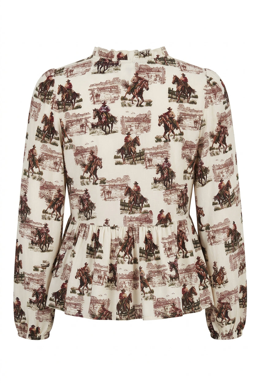 Back of women's white Wrangler Retro Vintage Juliet blouse showing the cowboy-and-horse scenic print, gathered back waist, and long sleeves with elastic cuffs.