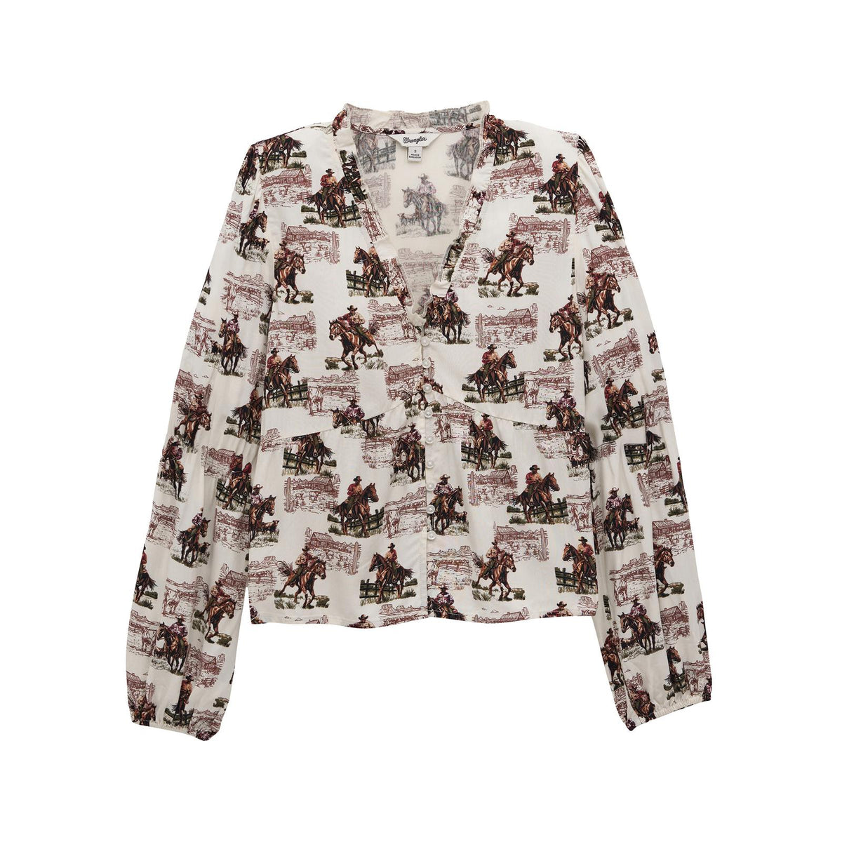 Front of women's white Wrangler Retro Vintage Juliet blouse with a cowboy-and-horse scenic print, ruffled neckline, button front, and gathered long sleeves.