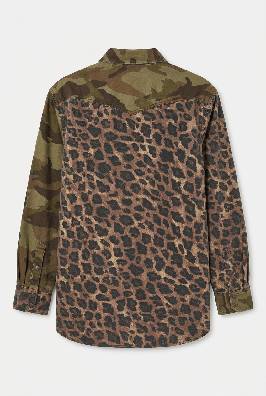 Back of women's Wrangler Retro boyfriend snap shirt with a leopard-print back panel, camouflage Western yoke, contrasting sleeves, and curved hem.